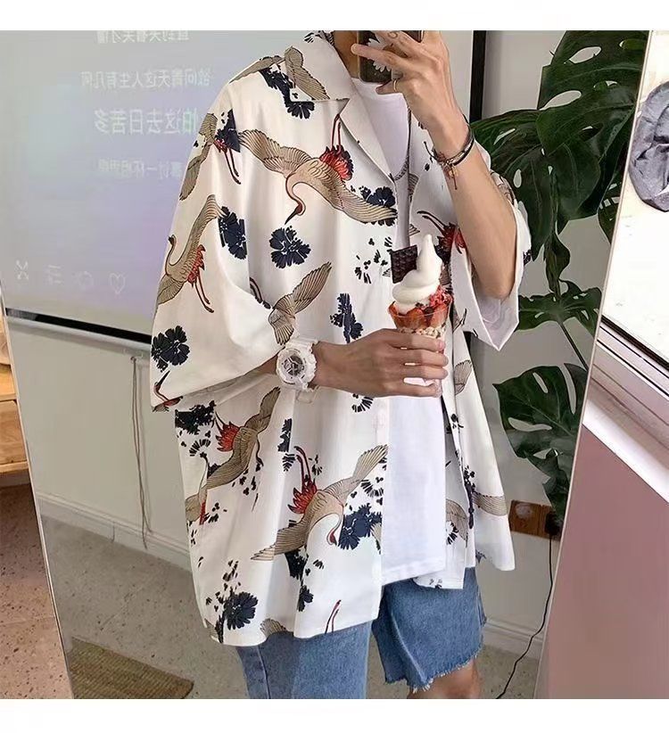 新品未使用】鶴柄 シャツ 和柄 和風 ビッグシャツ メンズ 半袖 シャツ 