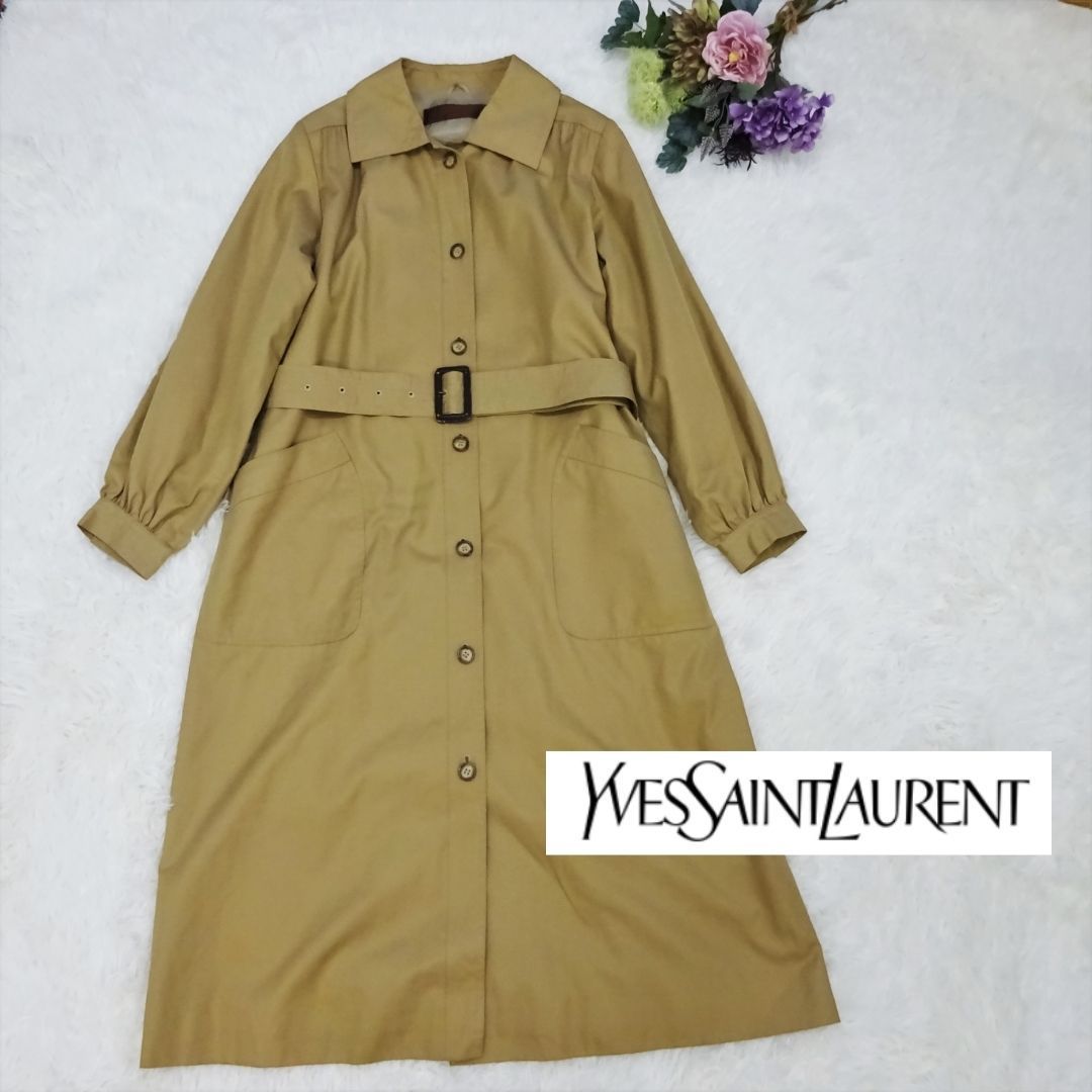 YSL イヴサンローラン ステンカラーコート 裏地チェック ロング丈 YSL イヴサンローラン ステンカラーコート 裏地チェック ロング丈