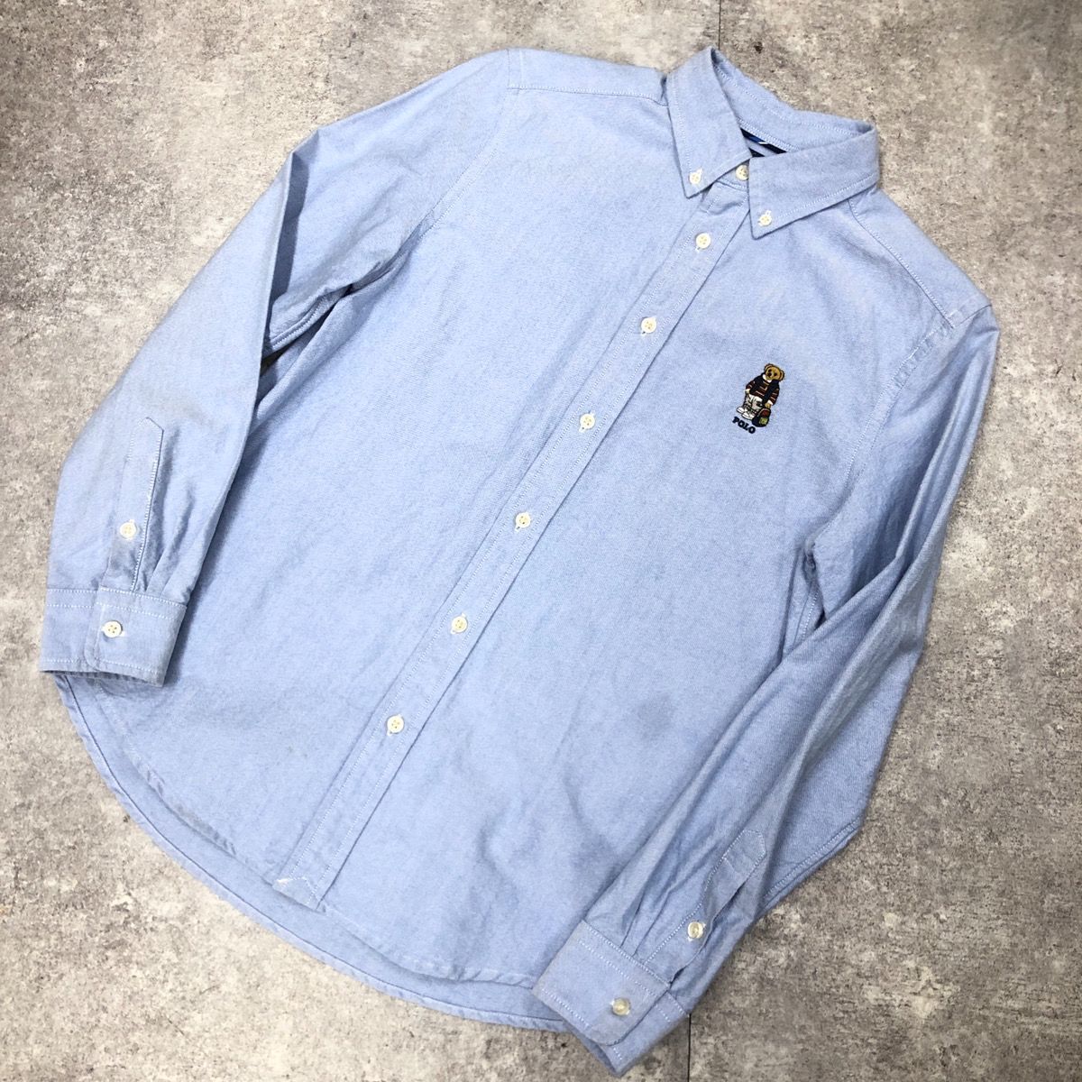 RALPH LAUREN ラルフローレン ポロベア ワンポイント 刺繍 SHIRT シャツ BLOUSE ブラウス カラーシャツ フロントボタン  キッズ レディース BLUE ブルー 水色 14-16 Sサイズ相当 0200011611