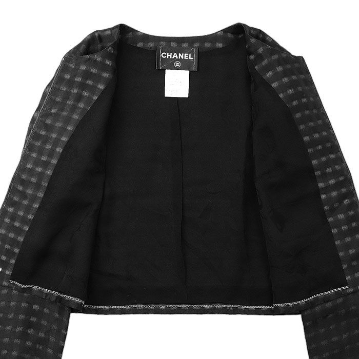 CHANEL シャネル ジャケット ジップアップ 09P P35576 2009年製 COCOマーク ロゴ チャーム シルク シアー チェック柄 グログラントリム 丸首 レディース 42 ブラック 黒 フランス製 カール ラガーフェルド期 GULLKHAN_COM