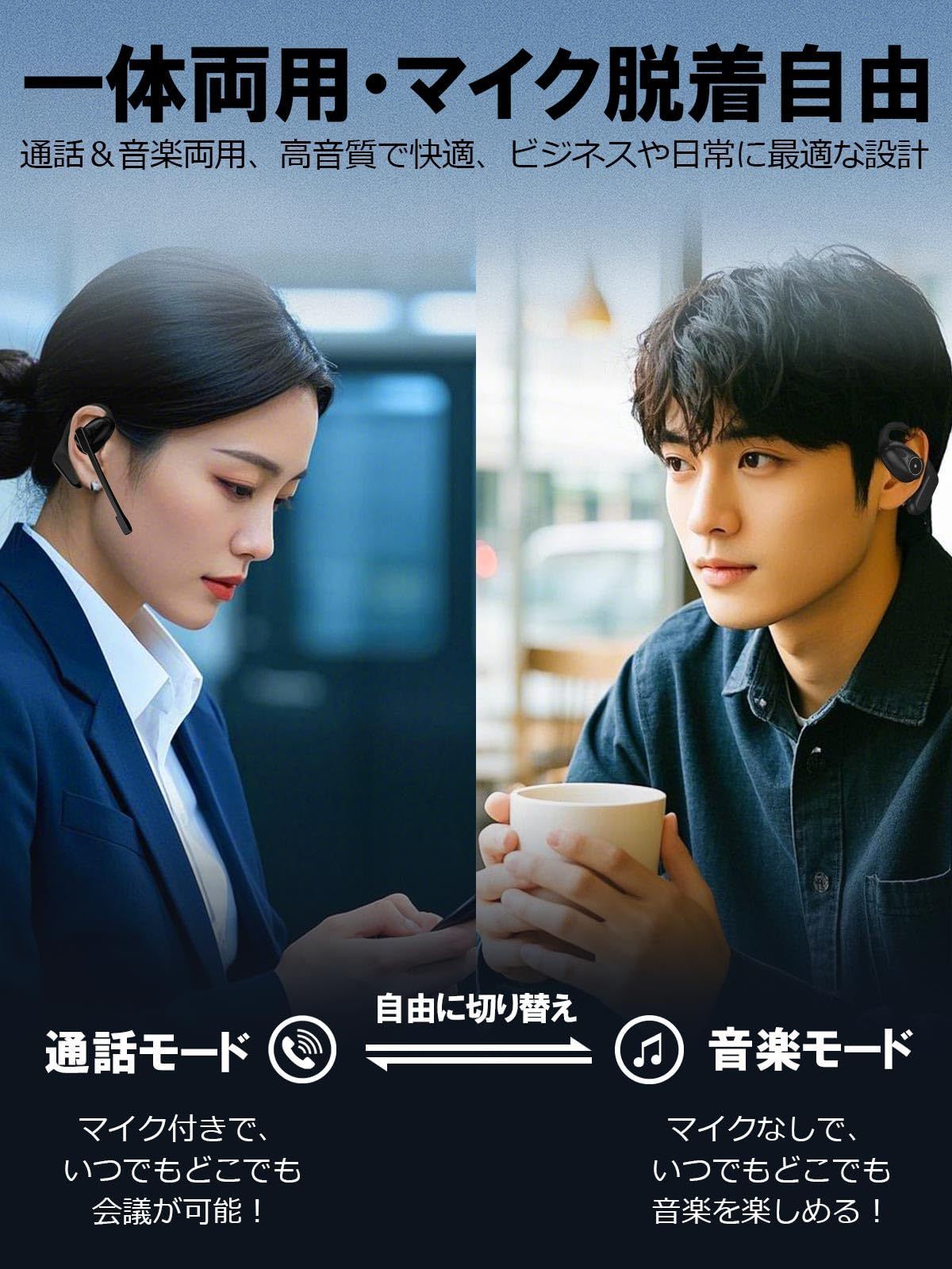 パーティー Bluetooth ヘッドセット どこでも安心会議 脱着式マイクでクリアな通話を実現 Bluetooth5.4 通話用イヤホン 全方向性マイク ENCノイズキャンセリング ミュート機能 取り外し 左右耳使用 耳掛け Type-C 急速充電 IPX防水