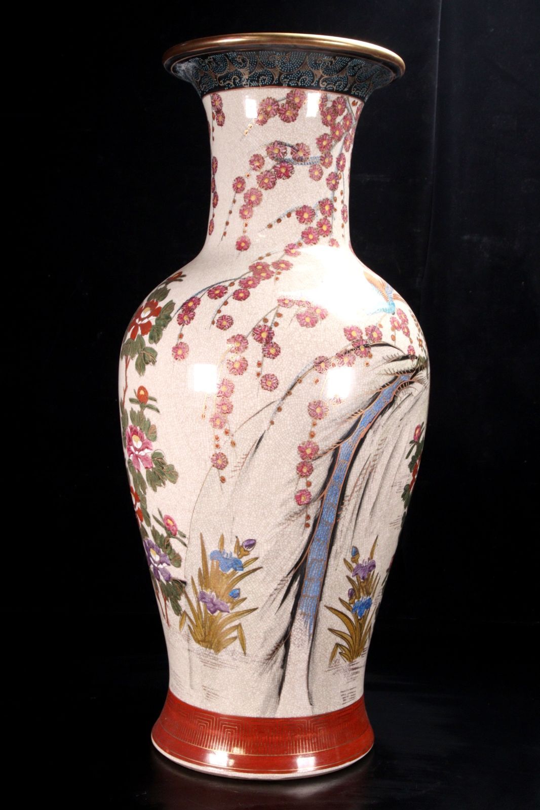 薩摩焼 水仙作 色絵金彩花鳥図大花瓶 65cm 唐物 骨董 古美術 楾