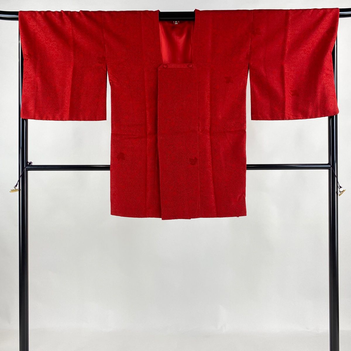 道行 身丈86cm 裄丈67.5cm L 和装コート 角衿 ストール付 草花 赤 正絹 秀品