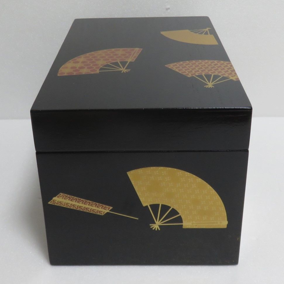 茶道具さくら🌸 木製 黒掻合塗 扇面蒔絵 利休茶箱 塗3点揃