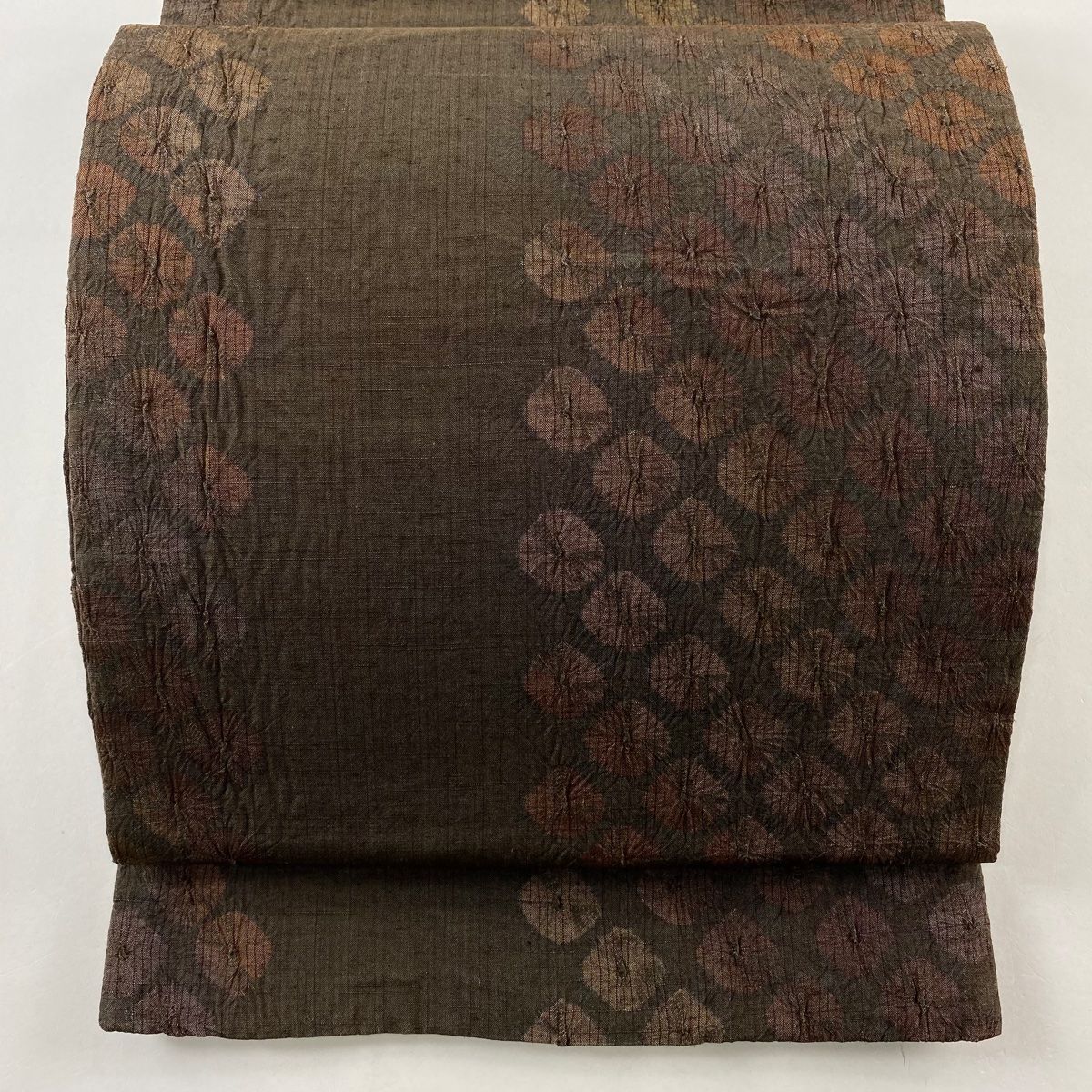 A21 新品　紬地　全通袋帯　美品 秀品 紬縞 幾何学 正絹 袋帯 美品 秀品 落款 紬地 縞 幾何学模様 ベージュ 全通 正絹