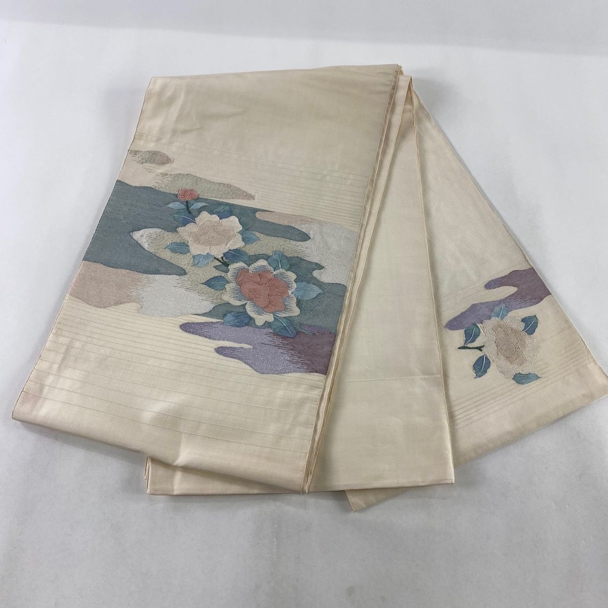 再再販！ 袋帯 【中古】 正絹 お太鼓柄 ベージュ 扇面 草花 夏帯 秀品