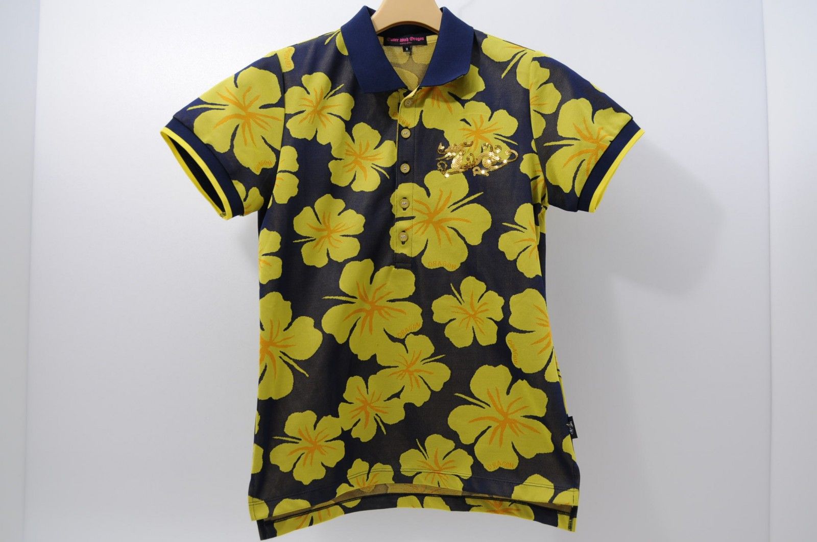 Dance With Dragon - coco 中古 ダンスウィズドラゴン DANCE WITH DRAGON レディース 半袖ポロシャツ 2(M) 紺×黄色 ハイビスカス柄 中古 レディース ダンスウィズドラゴン DANCE WITH DRAGON 半袖