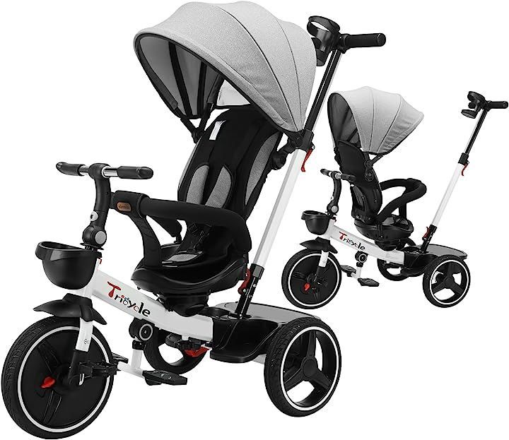 UBRAVOO 三輪車 子供用三輪車 6IN1 乗用玩具 手押し棒 安全ベルト付き サンシェード １～6歳子供用 おもちゃ 乗り物( グレーホワイト)