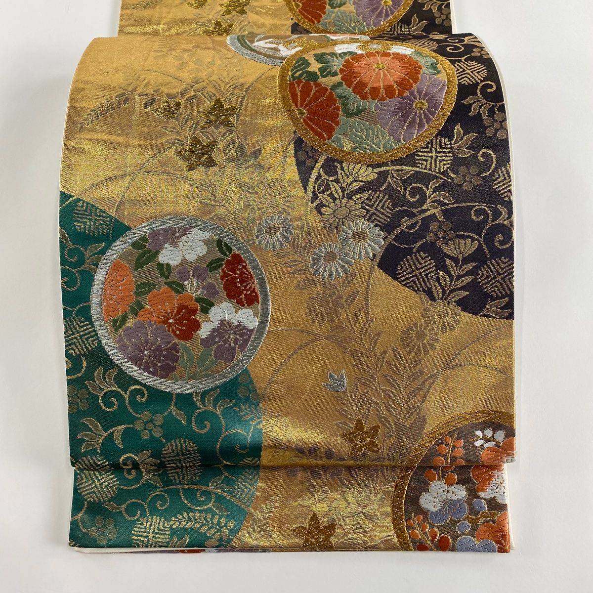 アイボリー 正絹(一部銀糸) 花唐草に丸文 古典文様 六通柄 袋帯 美品 楽天市場】平和屋着物◎六通柄袋帯 唐織 舞蝶花唐草文 黒地 金