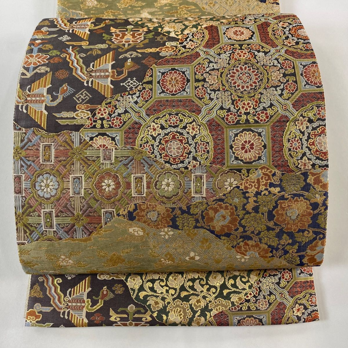 中古美品 袋帯 唐草花模様 金×緑系■N70805-6 中古美品 袋帯 唐草花模様 金×緑系□N70805-6（袋帯 名品 落款