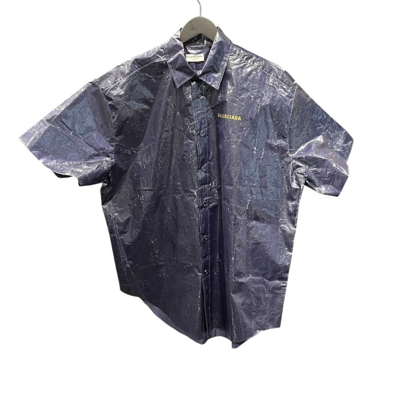 バレンシアガ BALENCIAGA ビニールコーティングシャツ 501656 ネイビー ポリエステル メンズ 半袖シャツ