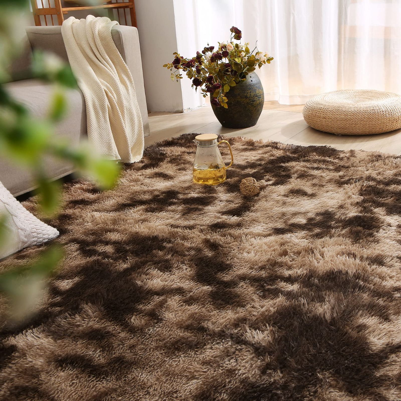 【特価商品】カーペット SUSAN'S GARDEN ラグ ラグマット 滑り止め付き 極厚 毛長 北欧 絨毯 抗菌 防臭 床暖房対応 7色選べる 1年中使えるタイプ 絞り染めブラウン