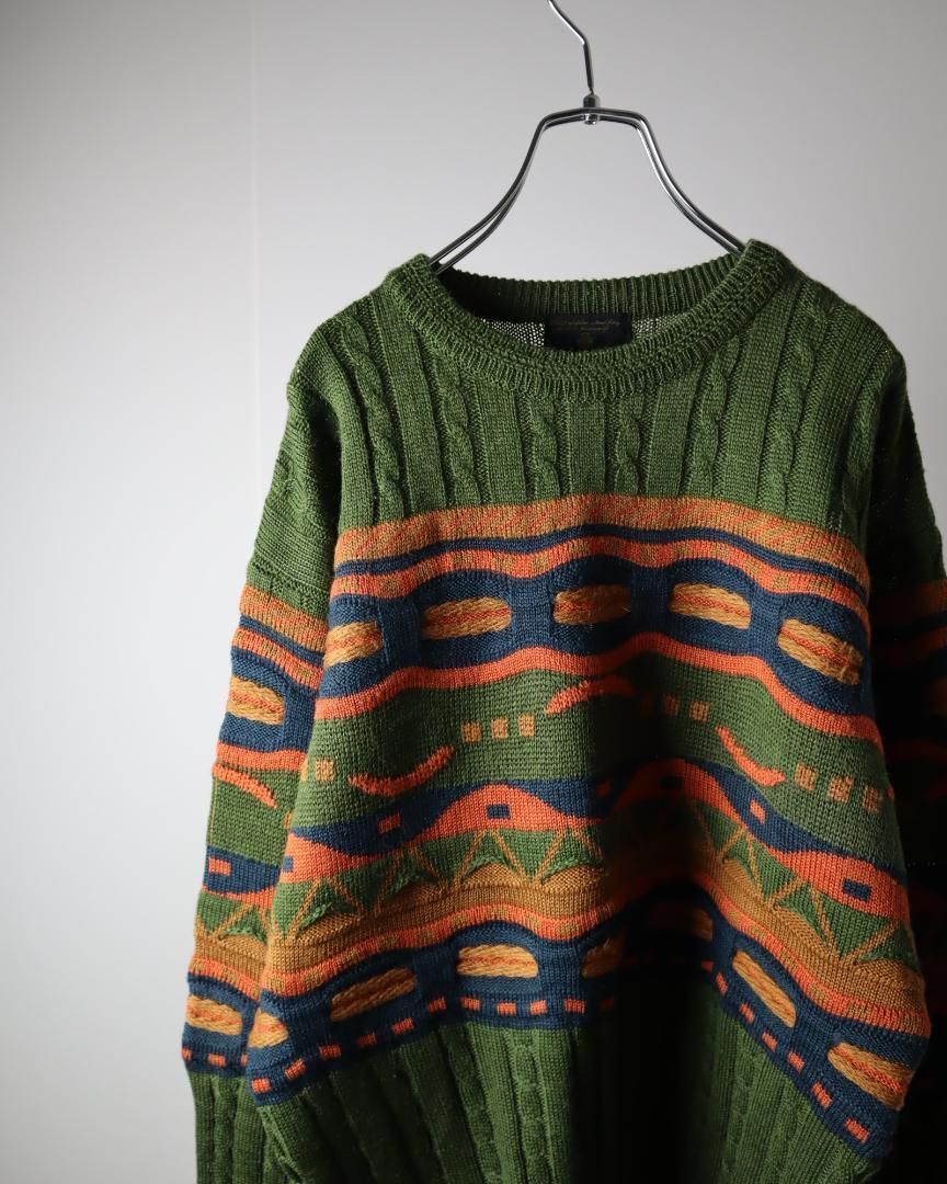 arieニット✿【vintage】3D 立体 総柄 デザイン ウール混 ニット セーター 緑系