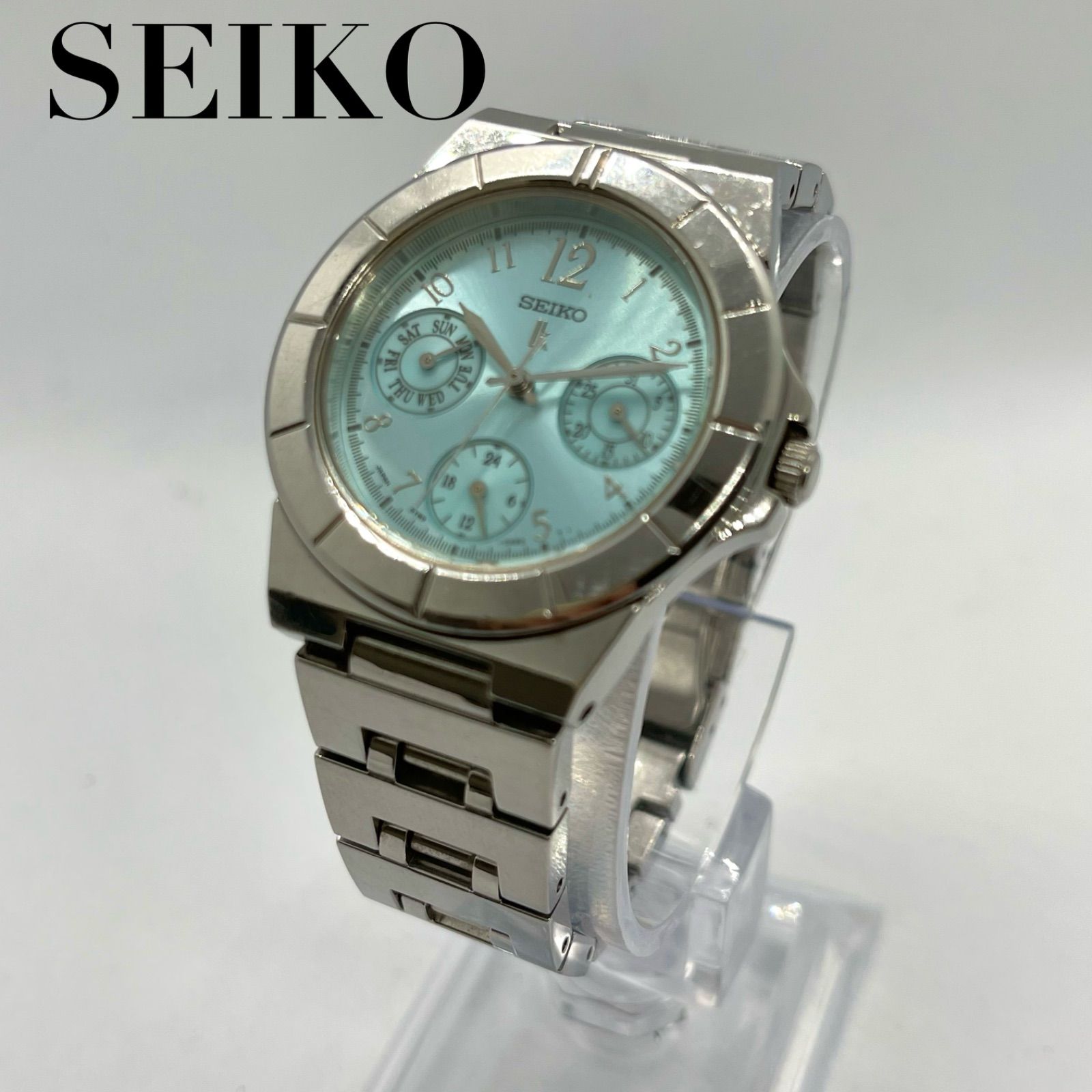 SEIKO セイコー ステンレススティール 稼動品 レディース腕時計 アナログ クロノグラフ ルキア 文字盤水色 ライトブルー シルバー 稼動品 ビジネス 5Y89-0B30