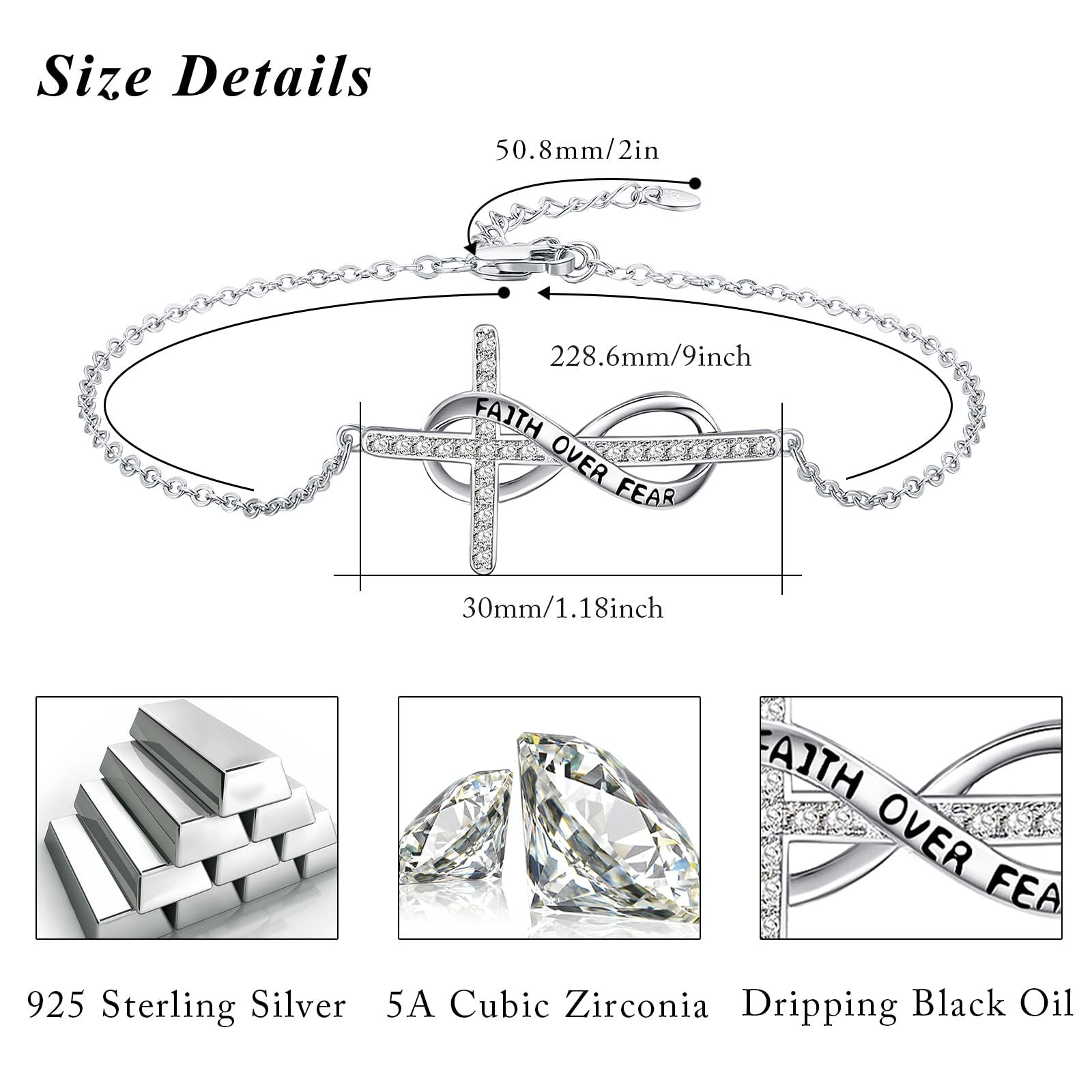インフィニティ クロス アンクレット ブレスレット 925 スターリングシルバー 宗教的 十字架 アンクレット 信仰 希望 調節可能なブレスレット クロスジュエリー クリスマスギフト 女の子 娘 母 女性 妻 彼女, スターリングシルバー。, キュービックジ 