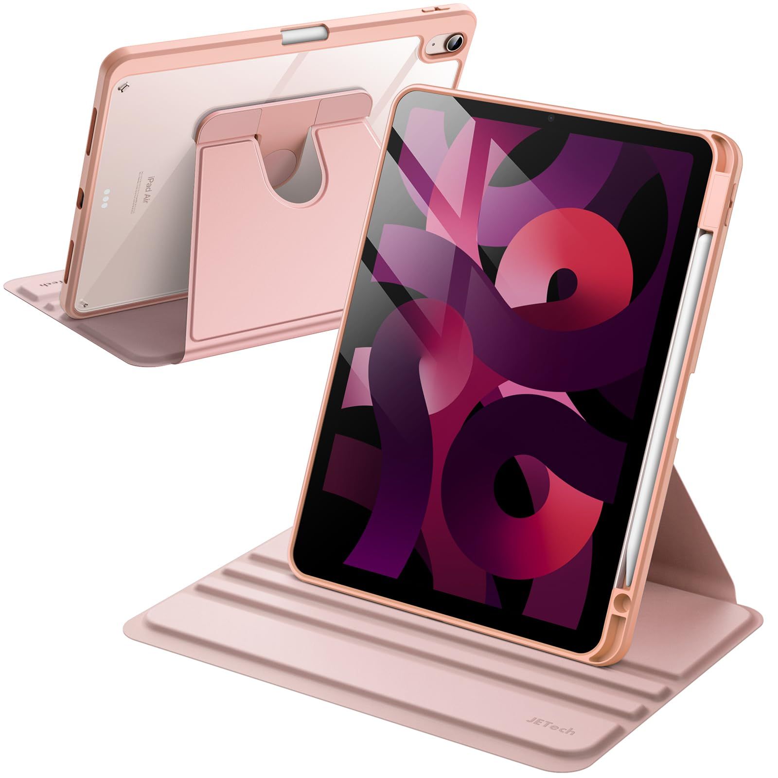 5/4用 Air (2022/2020、第5/4世代、10.9インチ) Air Pencilホルダー付き (2024)、iPad 360回転保護 M2 スタンドカバー 11インチ クリアバック iPad 自動ウェイク/スリープ 回転ケース (ローズゴールド)