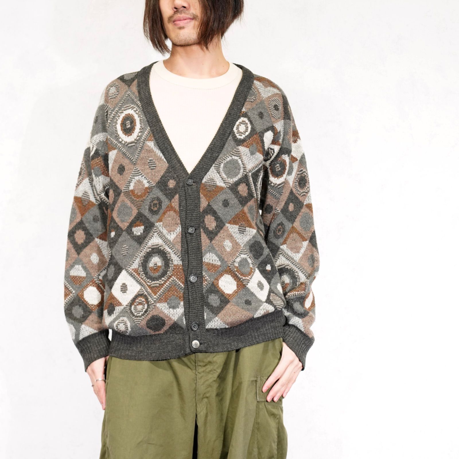 ヨーロッパ古着柄デザインウールニットカーディガン