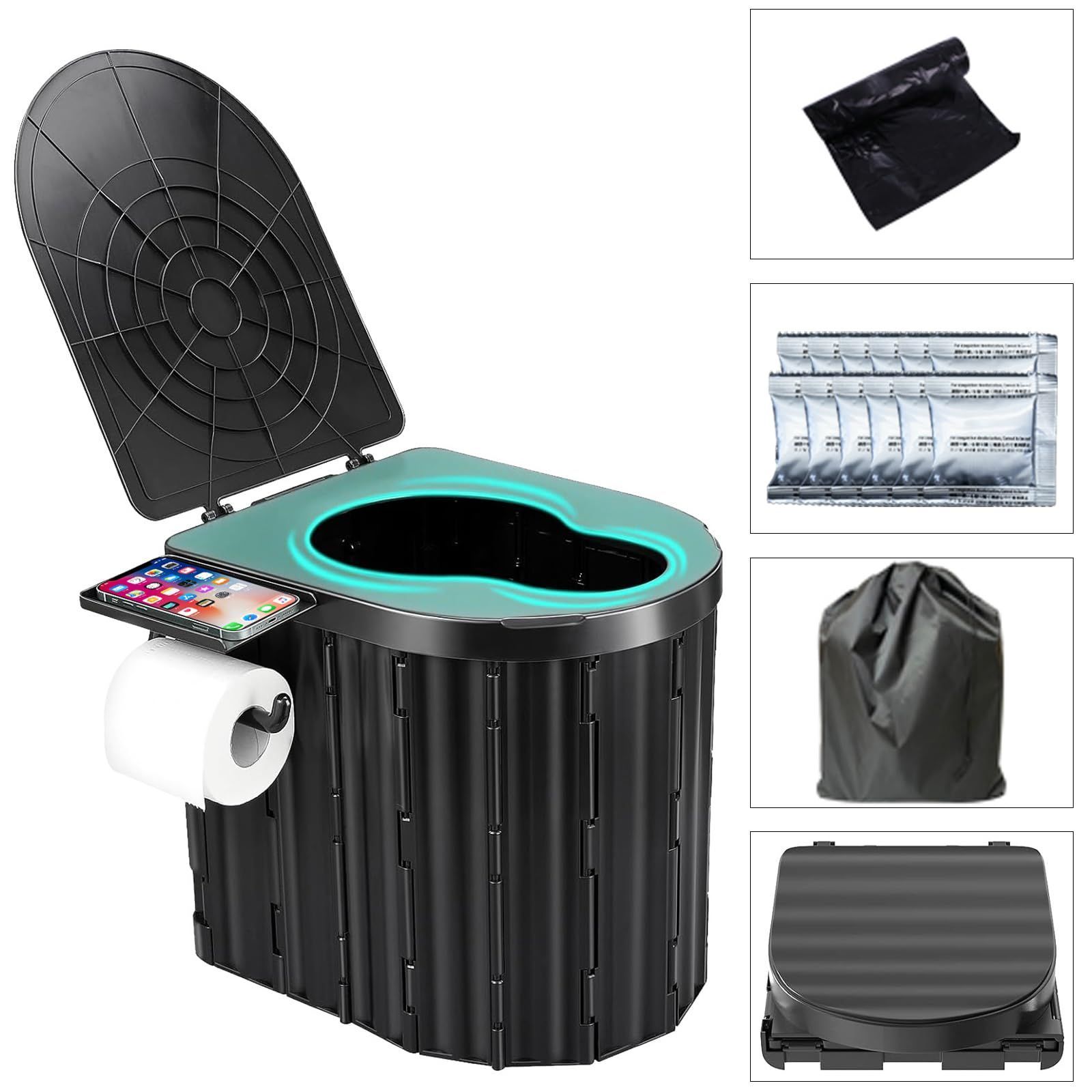 【数量限定】防災とアウトドア活動に対応 携帯型便器 ポータブルトイレ 簡易トイレ 携帯トイレ(ブラック/排便袋と凝固剤付き)