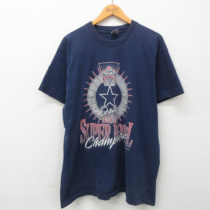 XL/古着 半袖 ビンテージ Tシャツ メンズ 90s NFL ダラスカウボーイズ 大きいサイズ コットン クルーネック 紺 ネイビー アメフト スー