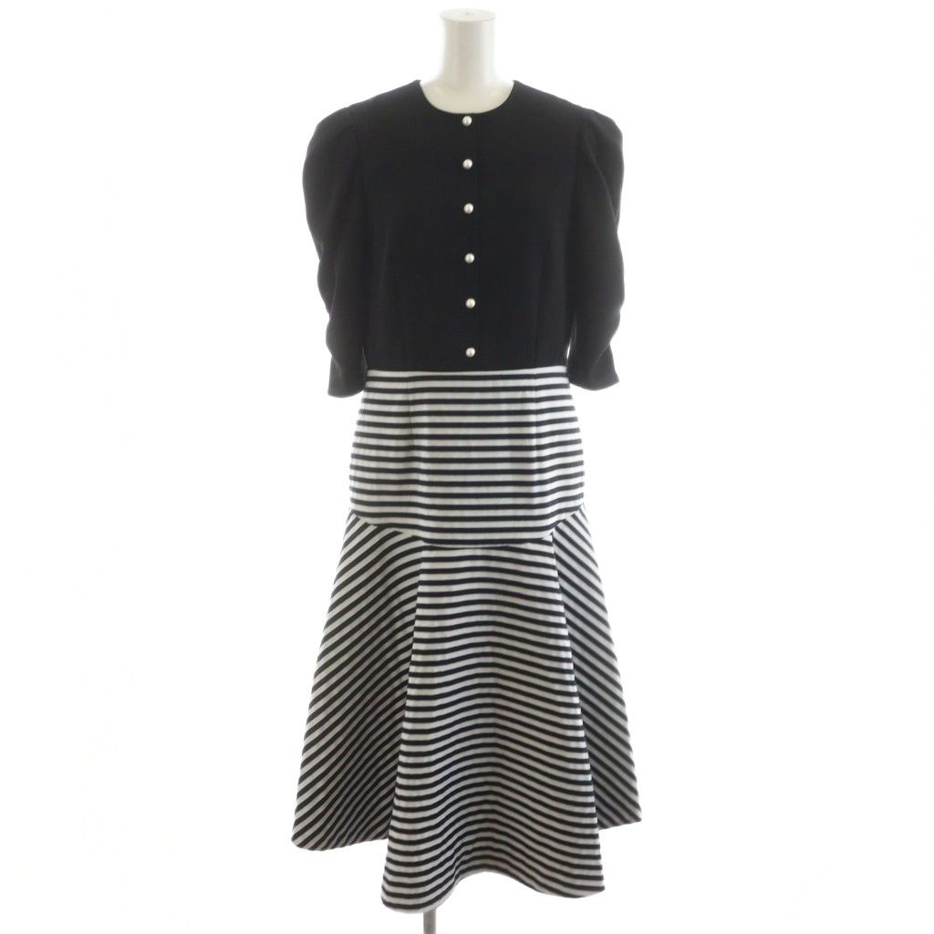 ボーダーズアットバルコニー BORDERS at BALCONY 22SS マーメイドドレス MERMAID DRESS ワンピース ミモレ ロング 5分袖 パール装飾 切替 36 黒 ブラック 白 ホワイト BD2211-3E-03 /AN6