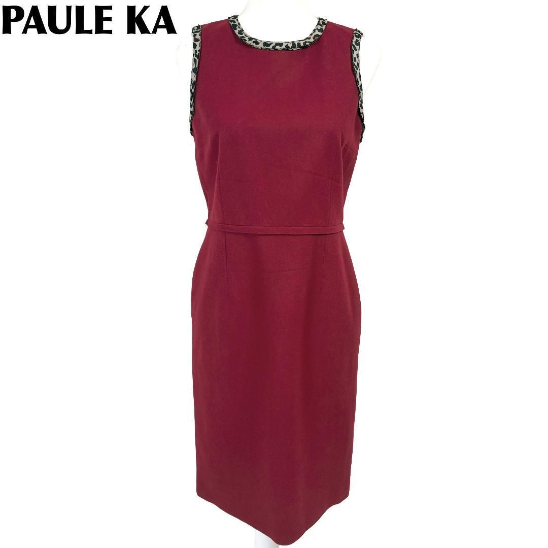 PAULE KA ノースリーブワンピース 38 レッド 襟袖レオパード柄