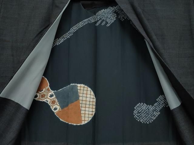 平和屋着物○男性 結城紬 アンサンブル 杢 藍鉄色 正絹 逸品