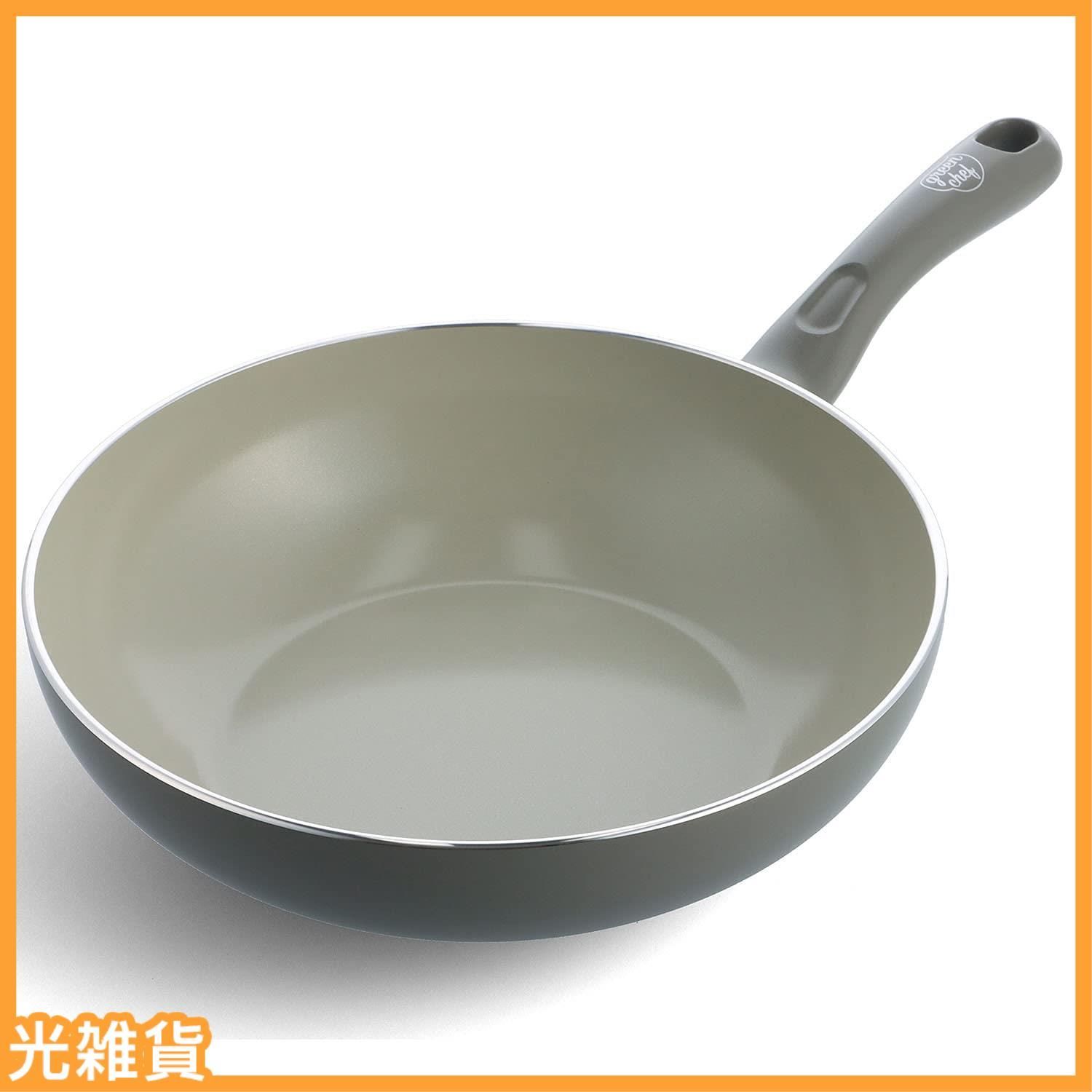 グリーンパン Greenpan グリーンシェフ 深型 ウォックパン 28cm IH 対応 セラミック加工 内外面こびり付きにくくてお手入れ簡単 有害物質不使用 アース クオーツグレー