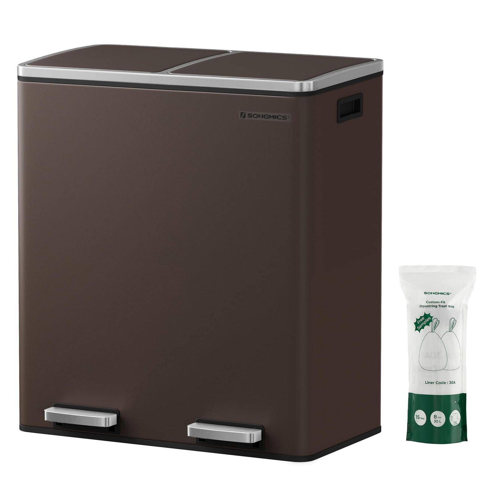 キチン 室内 蓋付き スリム おしゃれ 音無し 密閉 ステンレス ブラウン インナーバケット二つ 2x30L ペダル式 ゴミ袋付き LTB60BR 2分別 ダストボックス ゴミ箱 SONGMICS