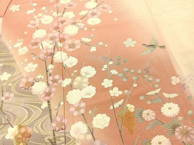 平和屋着物○十日町友禅作家 松雨 訪問着 流水花鳥文 暈し染め 金銀彩