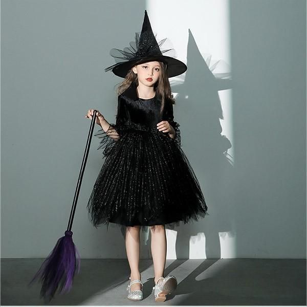 コスプレ 衣装 キッズ ハロウィン 魔女 ウィッチ 女の子 ワンピース パフスリーブ 長袖 帽子 ひざ丈 コスチューム パーティ イベン 仮装