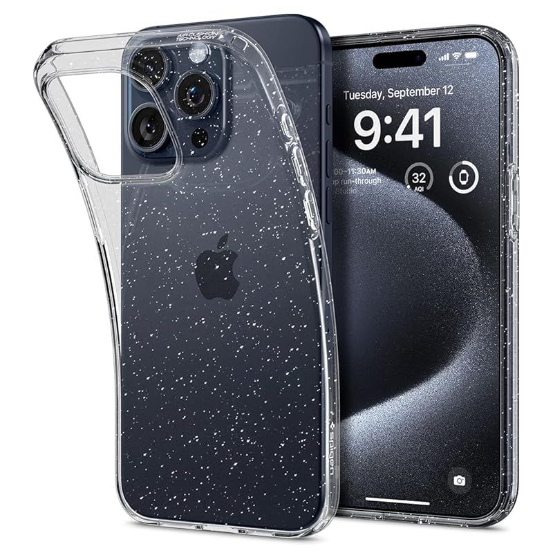 Spigen iPhone 15 Pro ケース クリア キラキラ ラメ入り 薄型 耐衝撃 軽量 米軍MIL規格取得 黄変抑制 レンズ保護 指紋防止 擦り傷防止 ワイヤレス充電対応 リキッド・クリスタル ACS06701 (クリスタル
