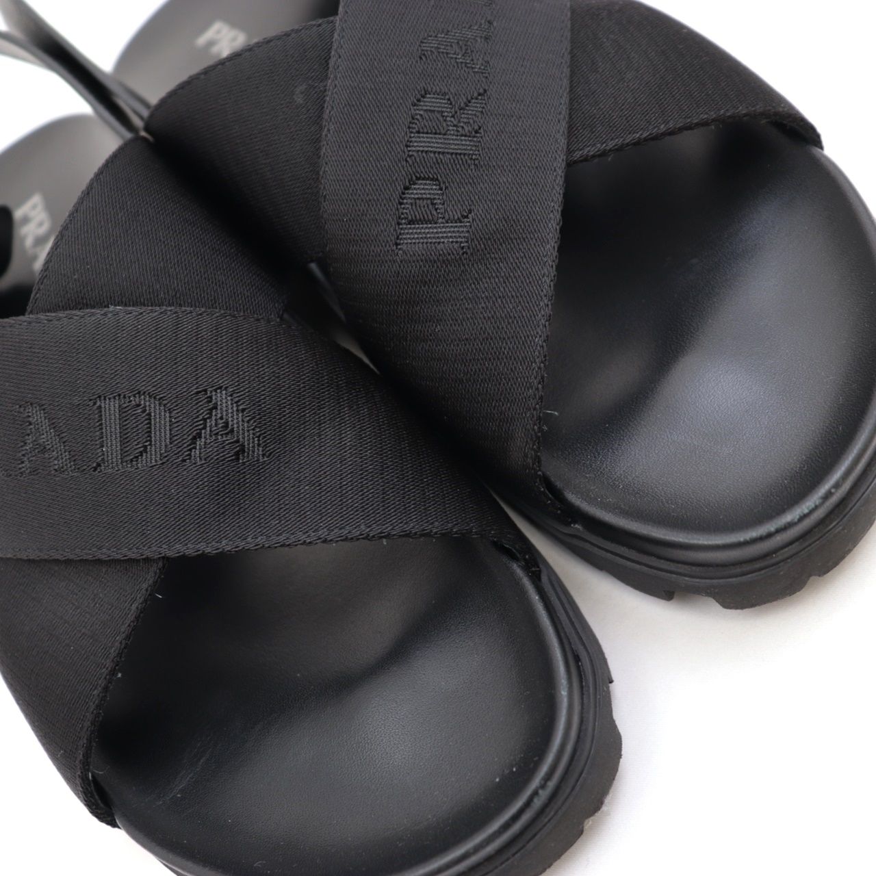 良品 プラダ レザー ストラップ サンダル ブラック 黒 直営店 PRADA プラダ レザー ストラップサンダル 黒 靴・ブーツ