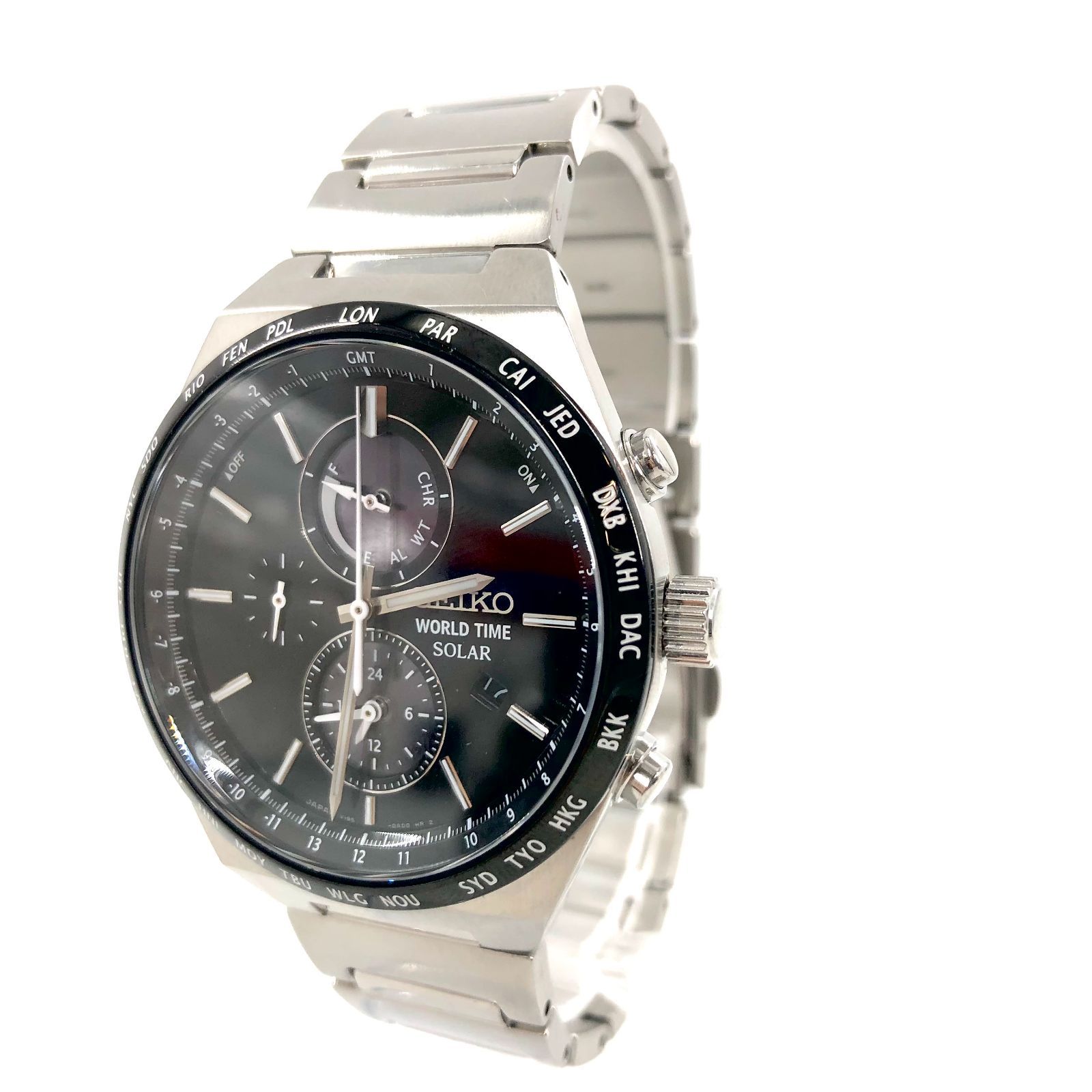 SEIKO セイコー V195-0AE0 ワールドタイム SS|ソーラー ブラック文字盤 メンズ腕時計 稼動品 PF-40