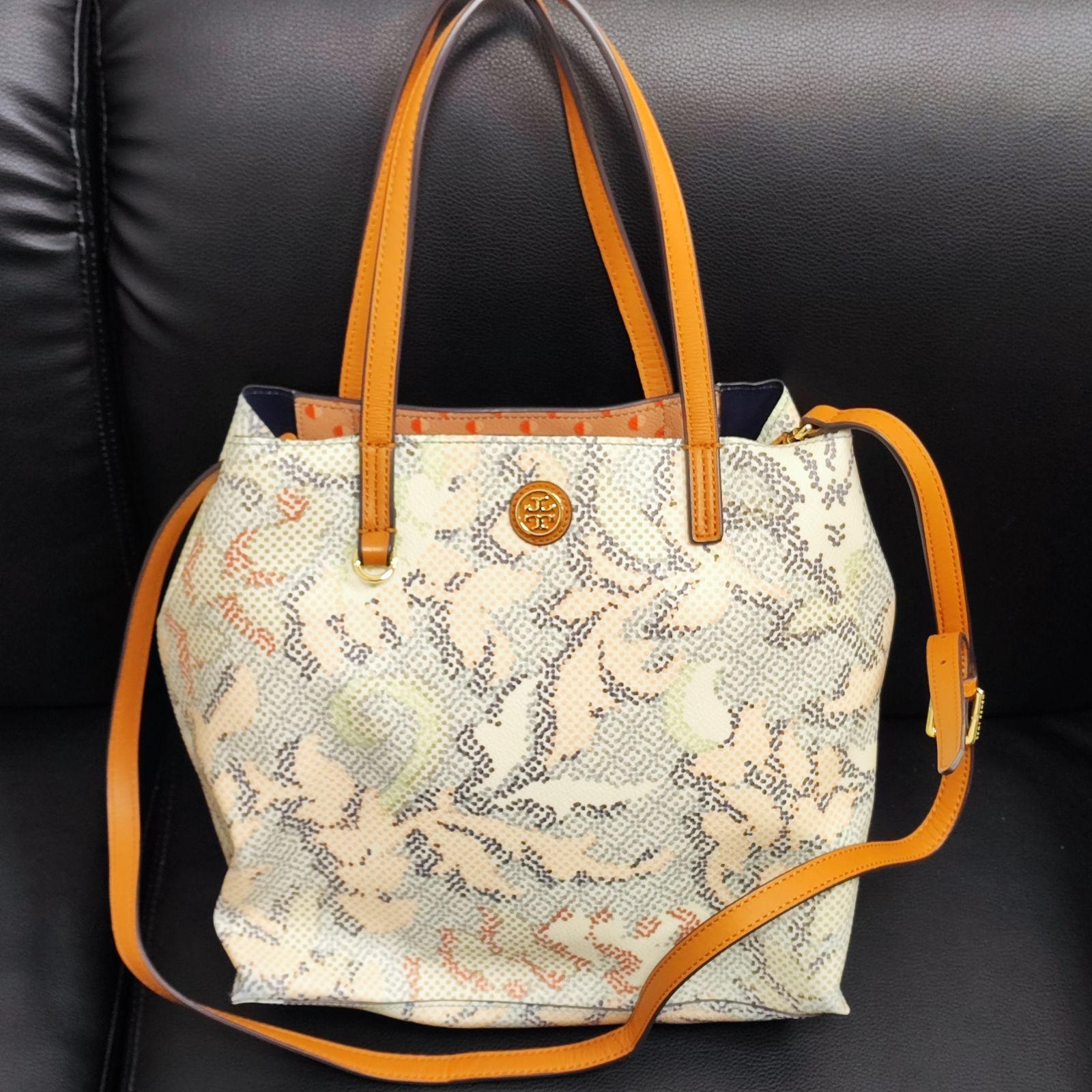 【MU202425】【美品】TORY BURCH(トリーバーチ) トートバッグ 2way アイボリー×ブラウン×マルチカラー PVC(塩化ビニール)×レザー