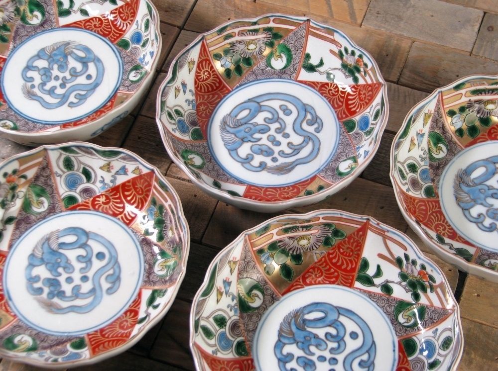 古伊万里 染錦・金彩 なます皿5客 幅：15.2cm 幕末～明治/25e094