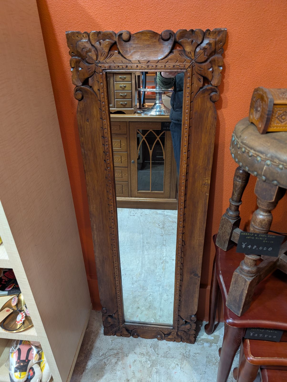 【送料込】アジアンヴィンテージ 木製ミラー　木彫り　エスニック