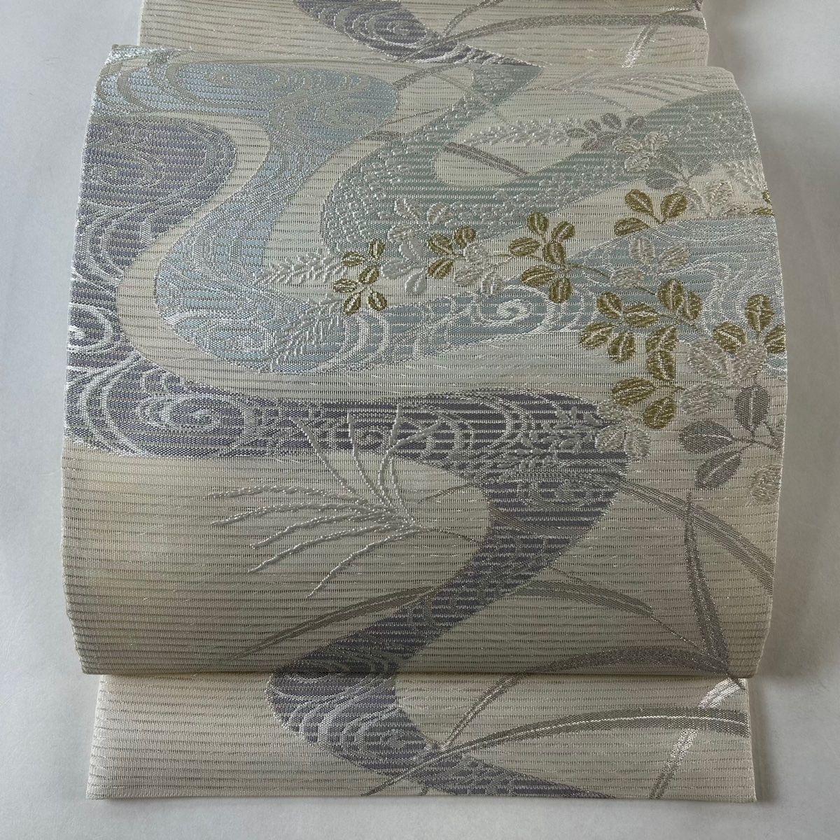 袋帯 秀品 夏帯 絽 萩 流水 金銀糸 ベージュ 六通 正絹