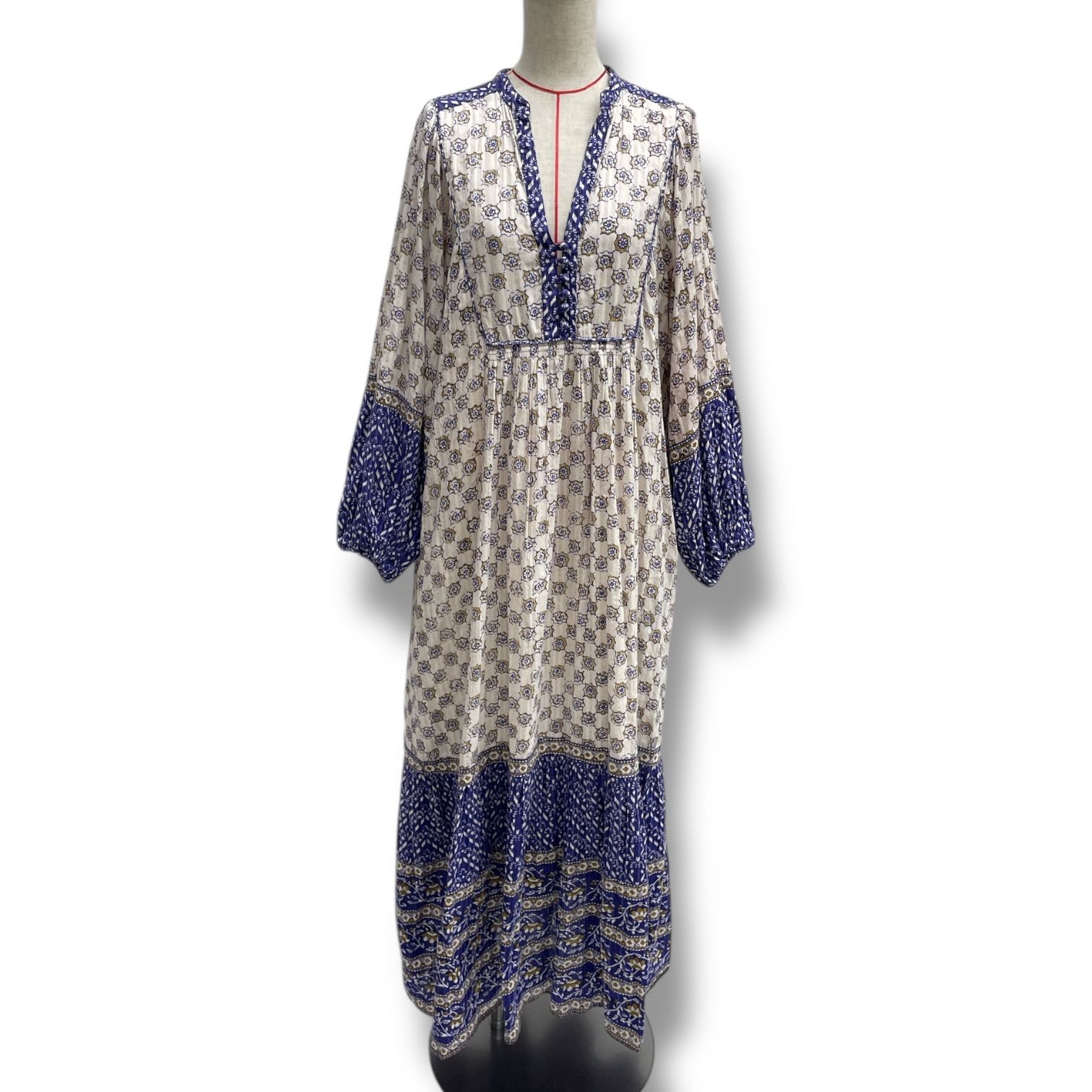 Sara mallika サラマリカ COTTON KIKA ETHNIC PRINT DRESS コットンキカエスニックプリントドレス ワンピース エスニック ギャザー ブルー クリーム 青 サイズM レディース 春 ゴーゴー古着久喜倉庫店 No.1209