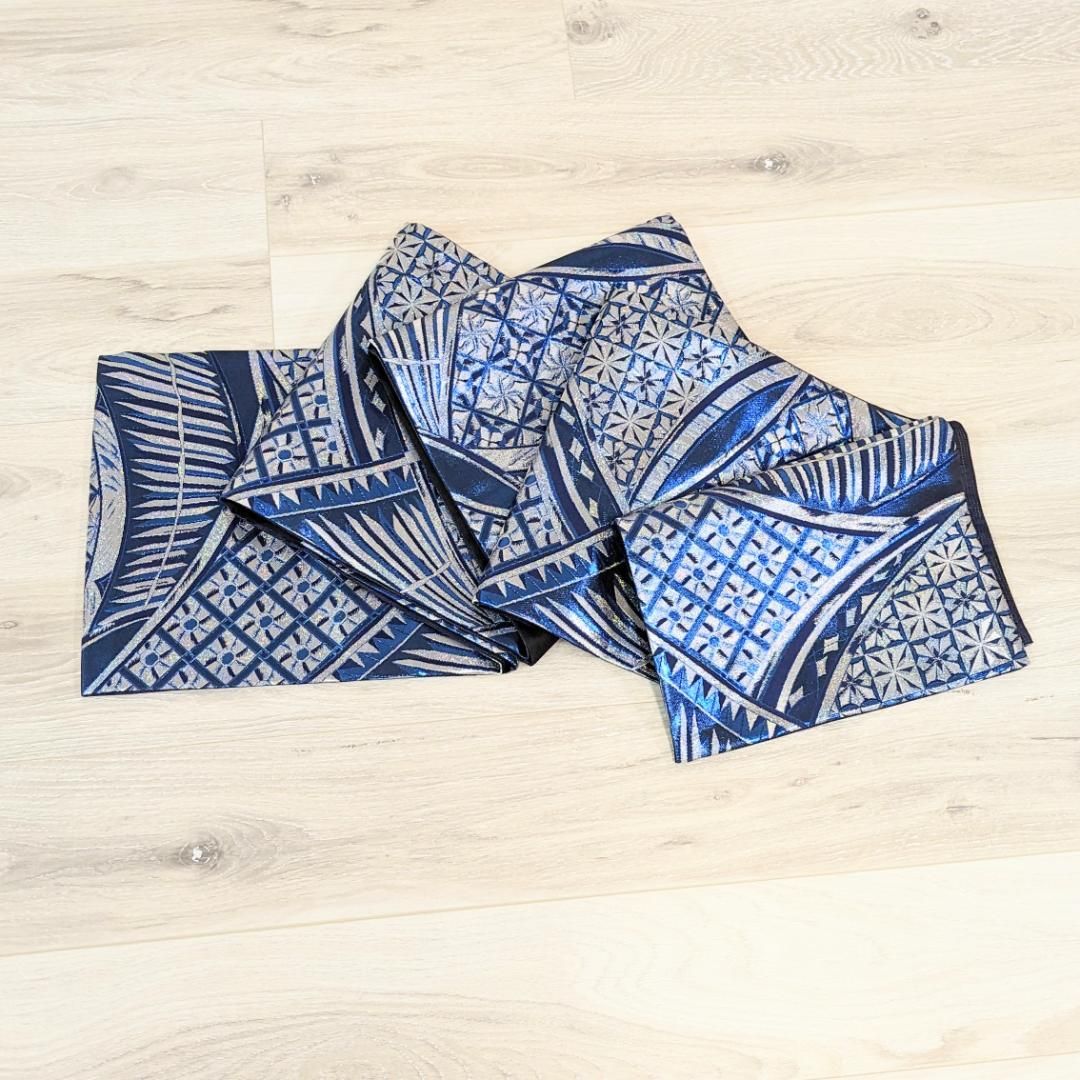 【新品・仕立て上がり】正絹 袋帯 カジュアル シルバー ブルー モダン b51綾袋帯