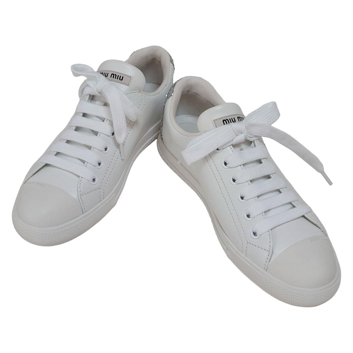 極美品【ミュウミュウ】スニーカー　厚底 シルバー　グリッター　白　黒 38　ロゴ 正規品・美品】MIU MIU ミュウミュウ 厚底スニーカー 38 黒×白