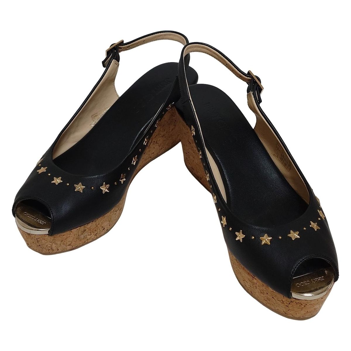 ジミーチュウ サンダル 39 レディース - 黒×ライトブラウン×ゴールド スタッズ|スター 星 |オープントゥ|ウェッジソール レザー