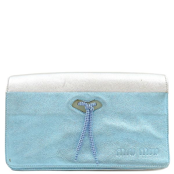 ミュウミュウ MIU MIU ショルダーバッグ ロゴエンボス ショルダ― レザー メタリックブルー×シルバー バイ 肩掛け 保存袋