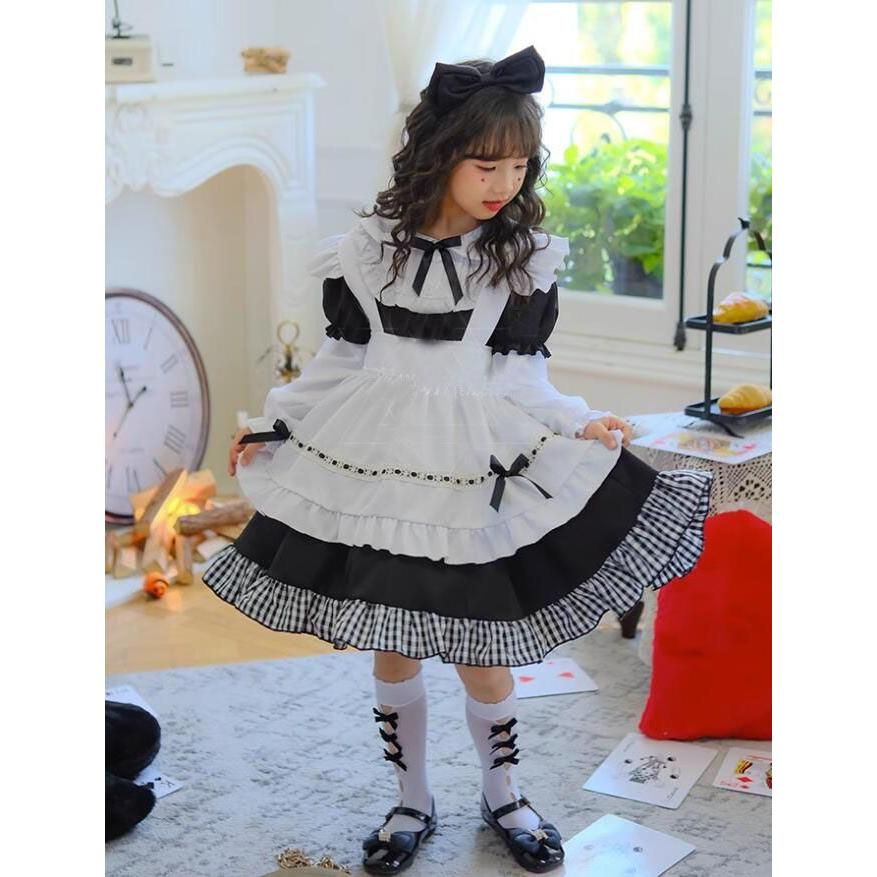 メイド服5点セット 子供服 女の子 メイドコス ハロウィン コスプレ衣装 半袖 長袖 黒白 チェック フリル メイド服 可愛い ウェイトレス キッズ ジュニア リボン