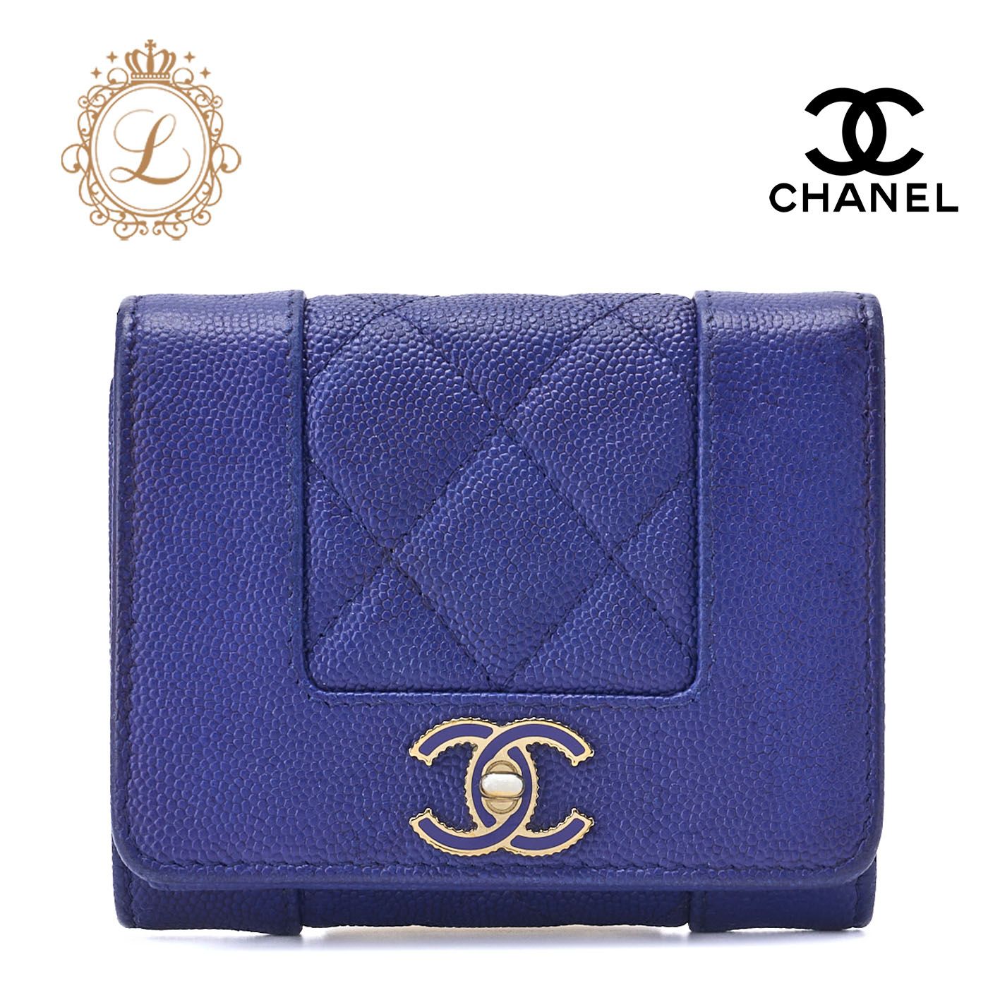 CHANEL シャネル マトラッセ  三つ折りコンパクト 財布 キャビアスキン ブルー（ゴールド金具）レディースウォレット 財布   【中古】【送料無料】