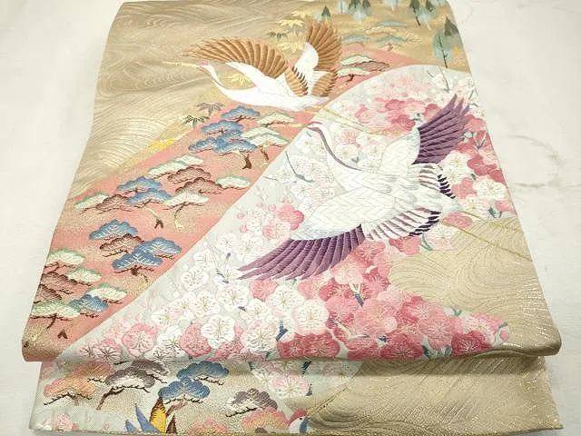 502my86◇長尺 となみ帯 友禅作家 百貫華峰 純金箔 鳥に菊花 袋帯◇美品 502my86◇長尺 となみ帯 友禅作家 百貫華峰 純金箔 鳥に菊花