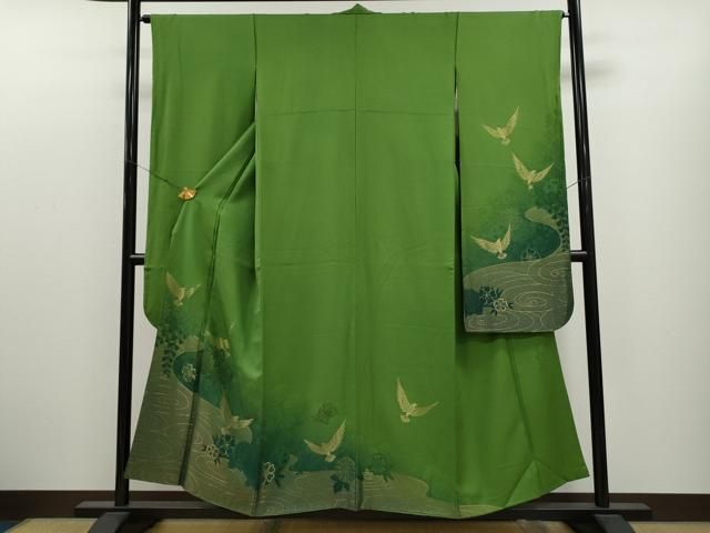 平和屋着物○染色作家 斉藤三才 振袖 寿光織 三才鳥花文 金