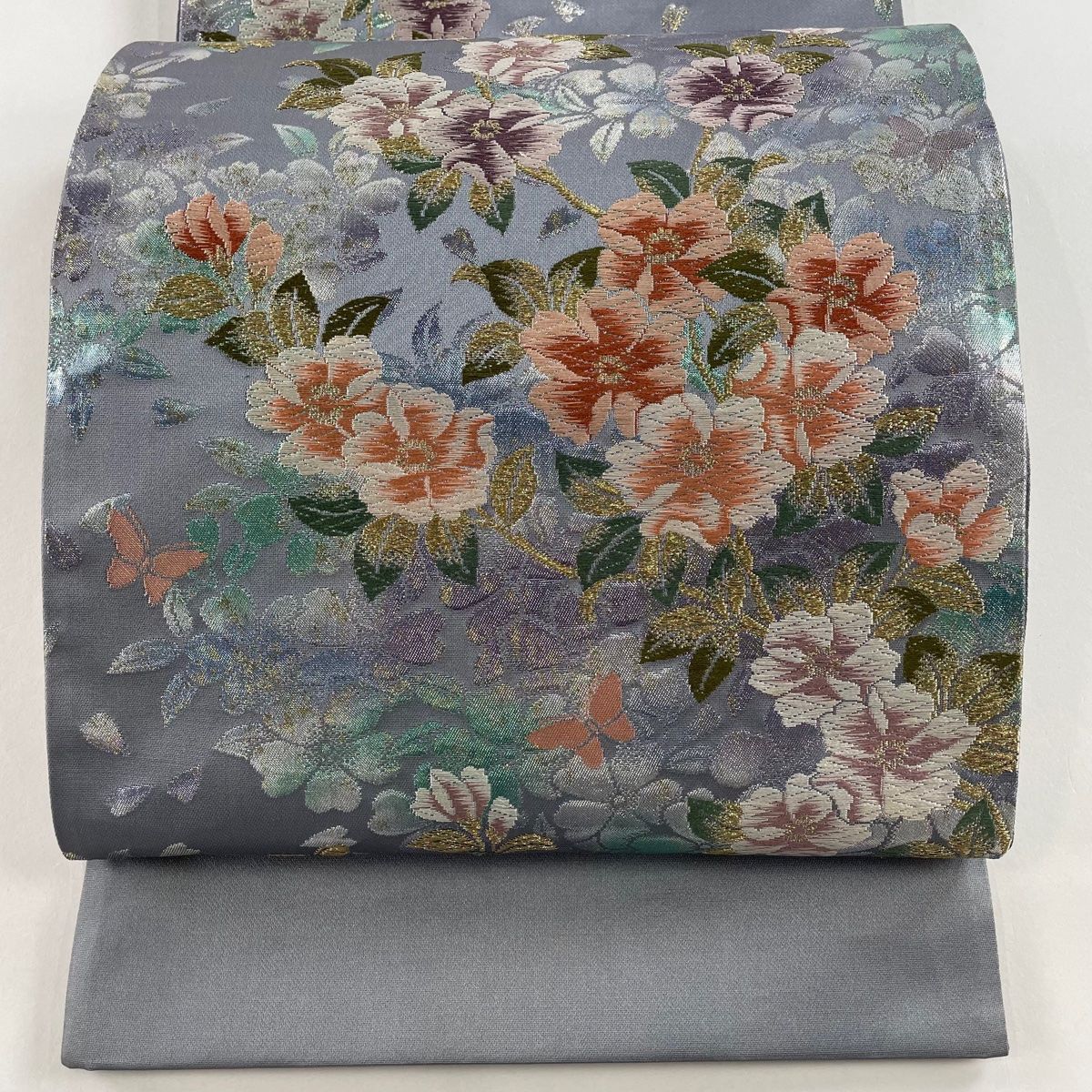 袋帯 美品 秀品 桜 箔 青灰色 六通 正絹 【中古】