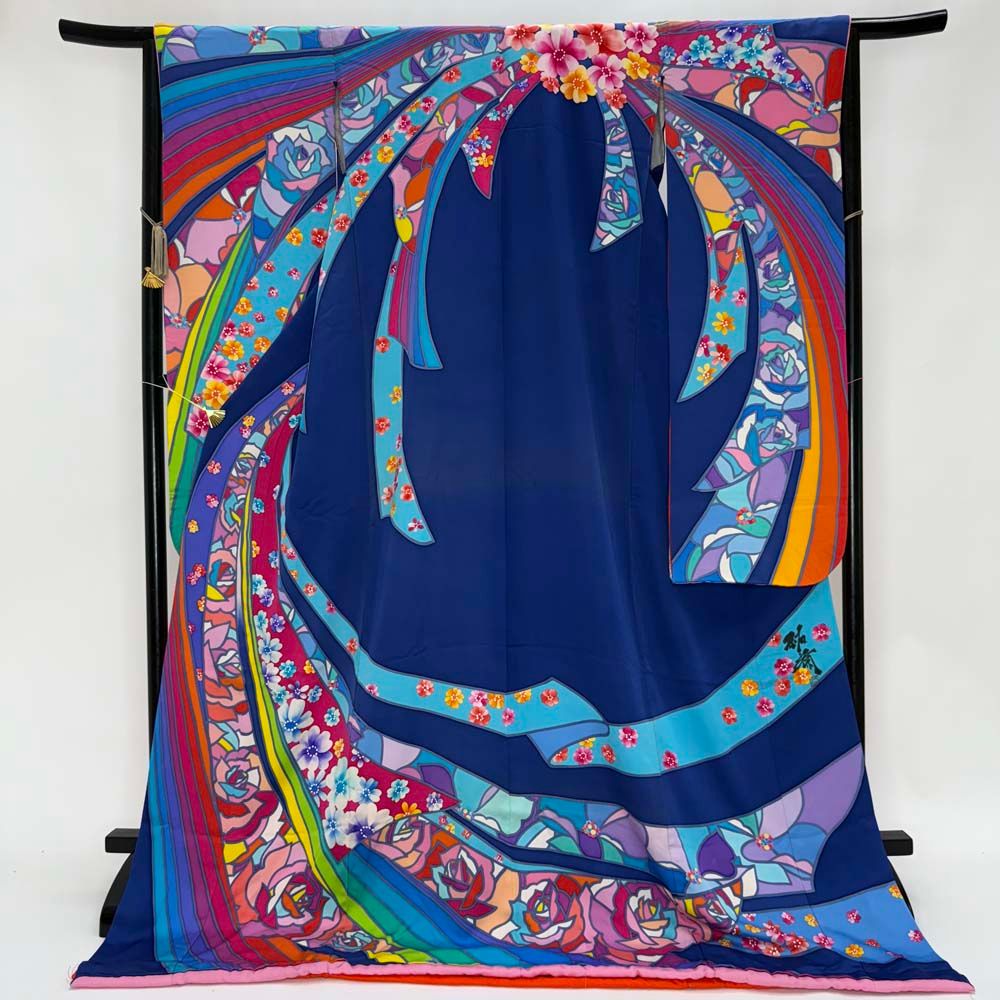 本振袖 引き振袖 正絹 青色 花柄 古典 刺繍 結婚式 裄64.2cm Bランク