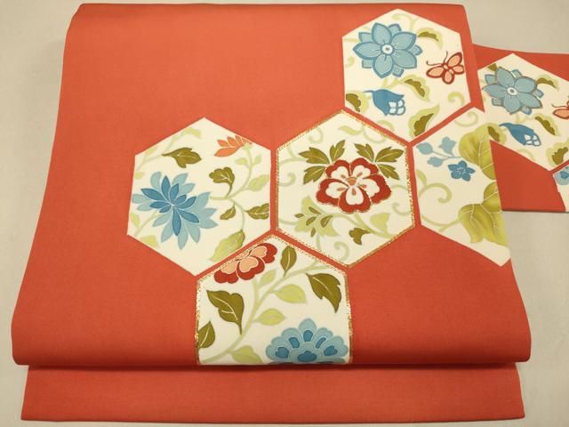 平和屋着物◎塩瀬 九寸名古屋帯 駒刺繍 花蝶亀甲文 金糸