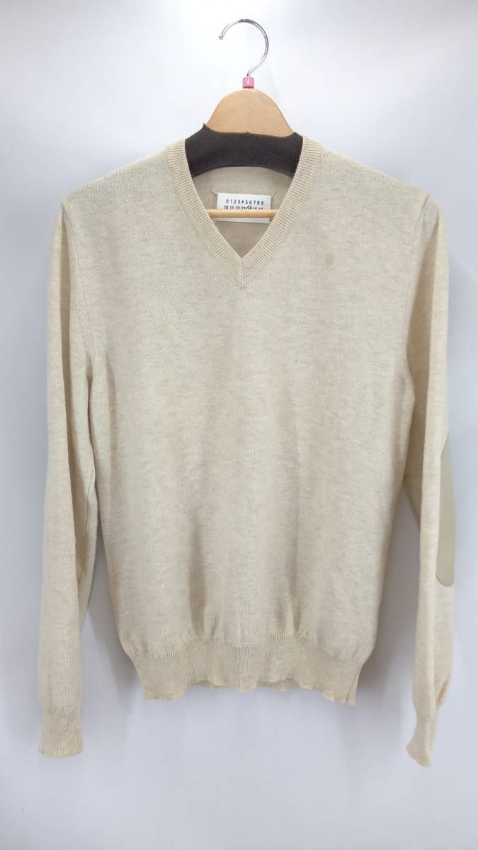 Maison Margiela メゾン マルジェラ 08AW Vネックニット エルボーパッチ イタリア製 メンズ Mサイズ アイボリー 通年